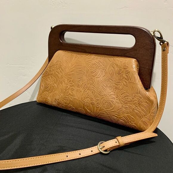 Handmade Genuine Leather Embossed Leaves Large Wood Frame Bag/Crossbody - Picture 3 of 16